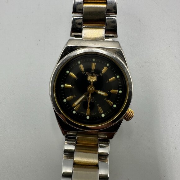 Philip Persio Watch Women Silver Gold Two Tone Black Dial 24MM New Battery 6.5" - Picture 4 of 12